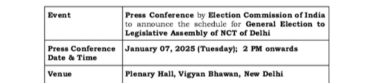 भारत निर्वाचन आयोग आज दोपहर 2 बजे दिल्ली विधानसभा चुनाव के कार्यक्रम की घोषणा करेगा।